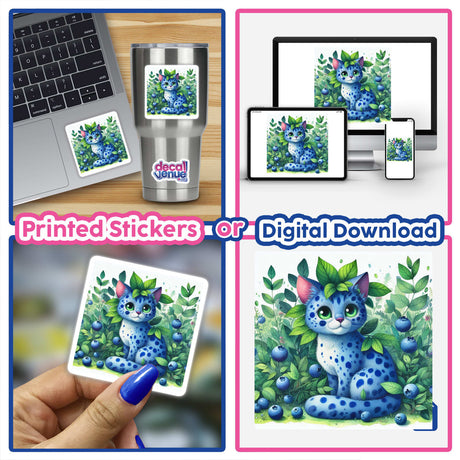 Blueberry Kitten design featuring a whimsical blue cat with green eyes and leaves, available as unique stickers or digital artwork from Decal Venue.