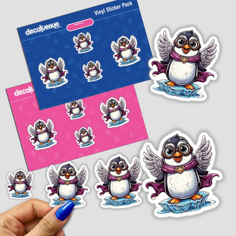 Superhero Penguin with Goggles and Wings on an Iceberg, featured as a vinyl sticker pack. The stickers display cartoon penguins with capes, embodying a playful and heroic theme.