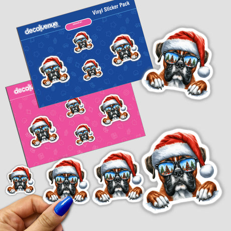 Peeking Santa Christmas Boxer Dog sticker featuring a cartoon dog in a Santa hat and sunglasses, available as stickers or digital artwork from Decal Venue.