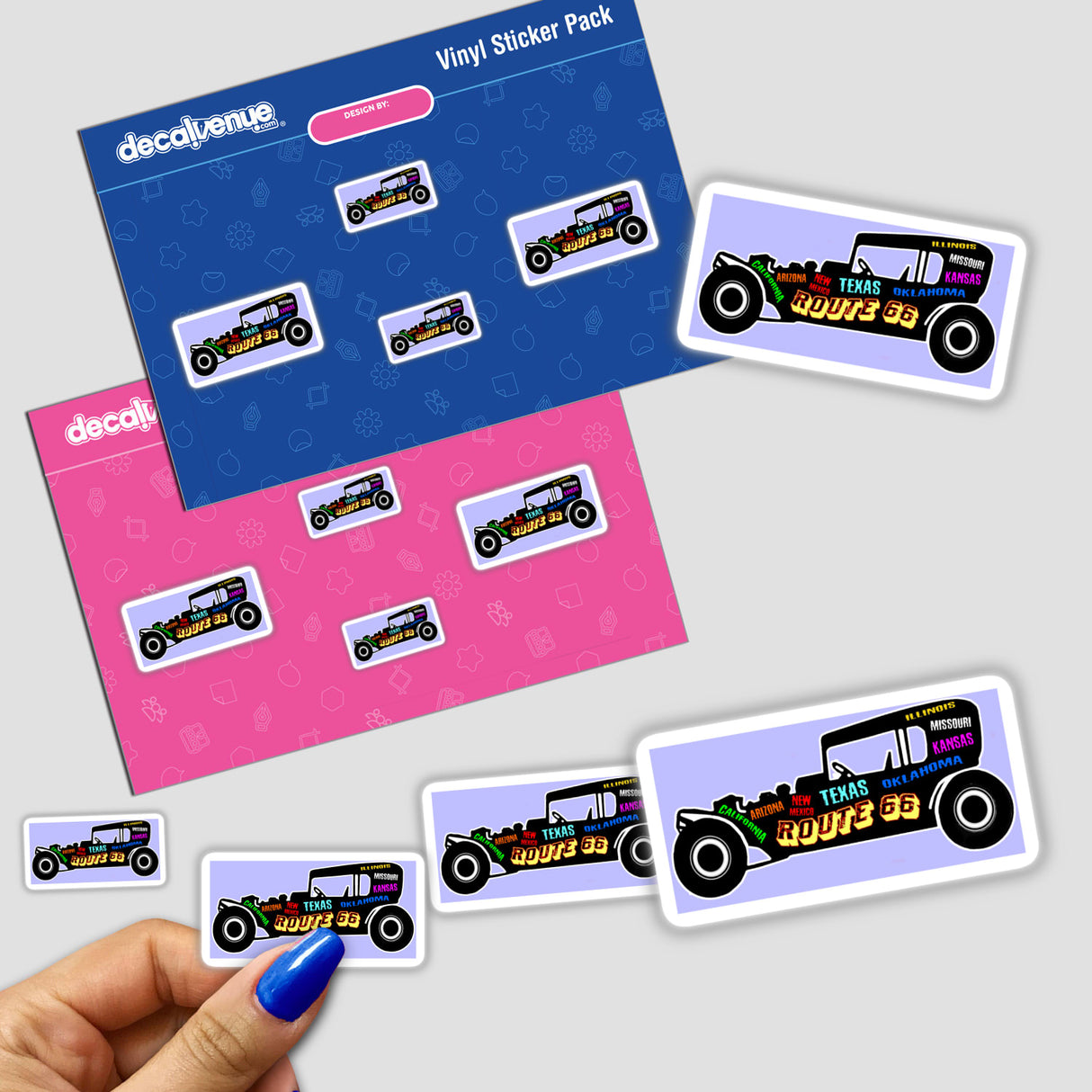 Route 66 Hot Rod stickers featuring vibrant car designs held in hand, showcasing the unique style available as stickers or digital artwork from Decal Venue.