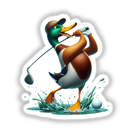 Silly Face Mallard Duck Golfer cartoon holding a golf club, available as stickers or digital artwork.