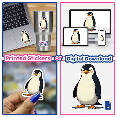 Grumpy Standing Penguin cartoon sticker displayed on various surfaces, including a laptop and cup. Available as stickers or digital artwork from Decal Venue.