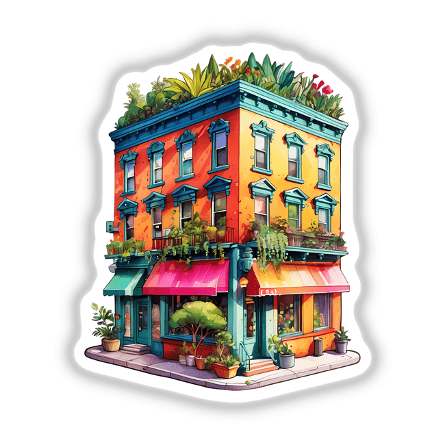 Vibrant NYC Building Full of Plants: Illustrated colorful building adorned with various potted plants on the roof, available as stickers or digital artwork.