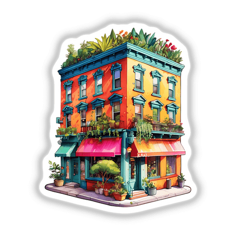 Vibrant NYC Building Full of Plants: Illustrated colorful building adorned with various potted plants on the roof, available as stickers or digital artwork.