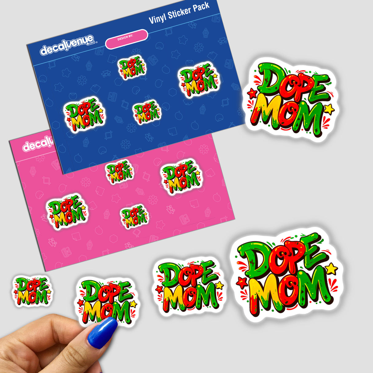 Sticker pack featuring Dope Mom design with colorful text and playful elements, available as vinyl stickers or digital artwork.