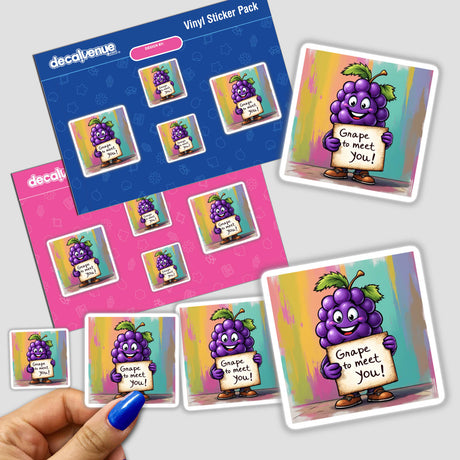 Grape To Meet You sticker pack featuring cartoon grapes holding signs, highlighting playful designs.