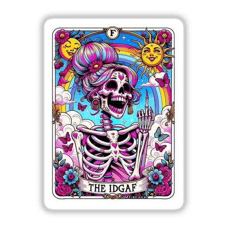 Poster from Sarcastic Quotes Series 12 featuring a cartoon skeleton with rainbow hair and flowers. Available as Stickers or Digital Artwork.