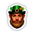 St. Patrick's Day Leprechaun artwork featuring a man in a green hat with buckle and clovers, available as stickers or digital art, highlighting the leprechaun’s detailed face and beard.