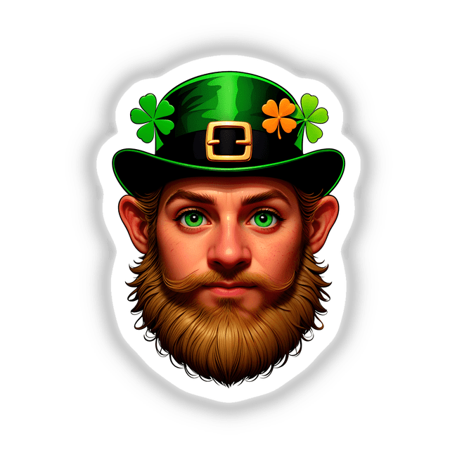 St. Patrick's Day Leprechaun artwork featuring a man in a green hat with buckle and clovers, available as stickers or digital art, highlighting the leprechaun’s detailed face and beard.