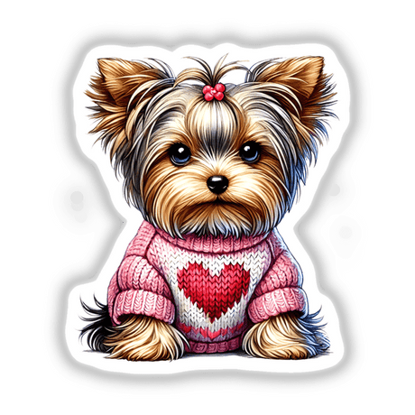 Yorkie Dog in Heart Sweater cartoon, available as stickers or digital artwork, featuring a cute terrier wearing a cozy, heart-patterned sweater, ideal for pet lovers and art enthusiasts.