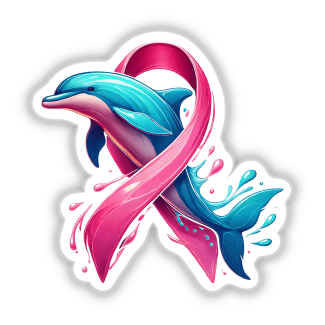 Pink Ribbon Dolphin Breast Cancer: An artistic illustration of a dolphin intertwined with a pink ribbon, symbolizing breast cancer awareness. Available as stickers or digital artwork from Decal Venue.