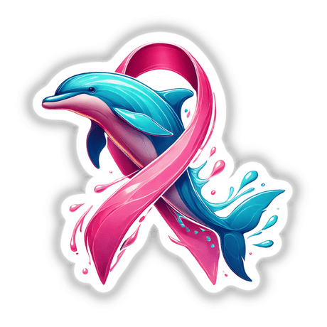 Pink Ribbon Dolphin Breast Cancer: An artistic illustration of a dolphin intertwined with a pink ribbon, symbolizing breast cancer awareness. Available as stickers or digital artwork from Decal Venue.