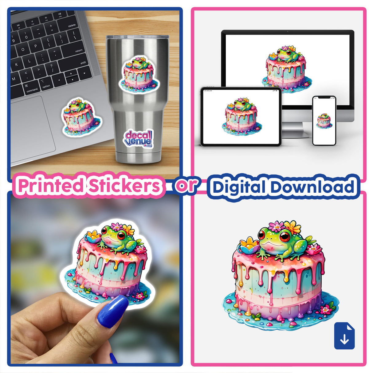 Collage featuring the product Frog Cake: Adorable Dessert with Frog Decorations shown as stickers or digital artwork; includes images of a cake, cartoon frogs, and a laptop with stickers.