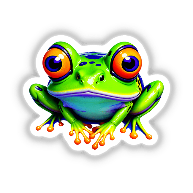 A Colorful Jungle Frog with blue spots and orange eyes, depicted as a vibrant cartoon character, available as unique stickers or digital artwork from Decal Venue.