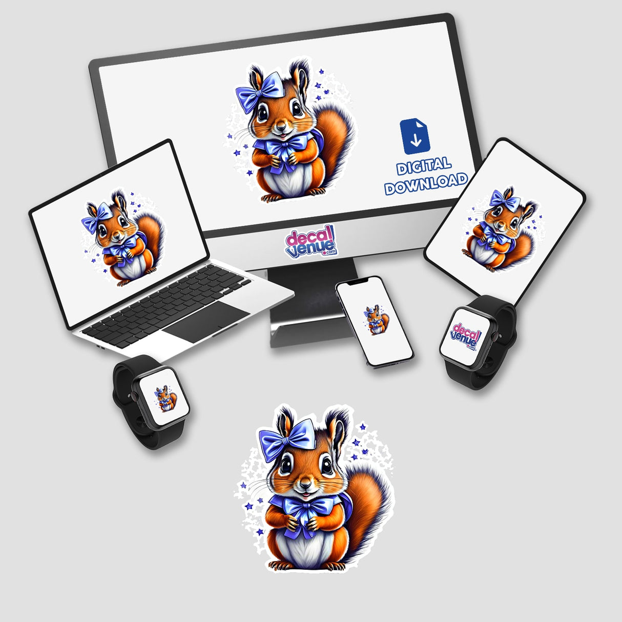 Baby squirrel stickers on a computer monitor, laptop, phone, keyboard, and smart watch, featuring a cartoon squirrel with a blue bow. Available as stickers or digital artwork.