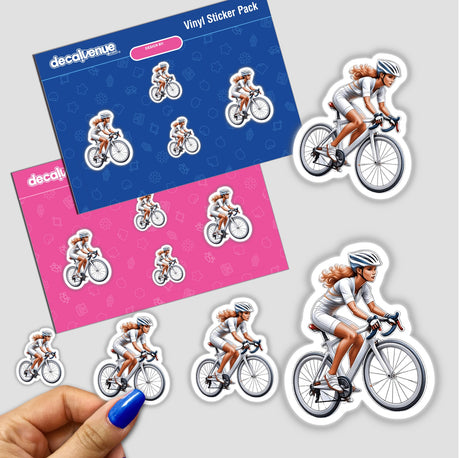 Colorful vinyl stickers featuring woman cyclists on bicycles, with different poses and action shots, showcased in a Decal Venue product pack.