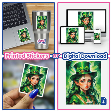 A collage featuring A Cute St. Patrick's Day Girl artwork, showcasing a woman in a green hat, ideal as stickers or digital art for festive decor.