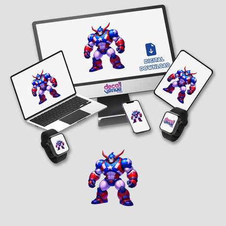 Laptop displaying a cartoon superhero titled A Cool American Flag Army Robot, available as stickers or digital artwork. Suitable for fans of unique vinyl stickers and digital art from Decal Venue.