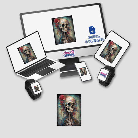 Beautiful Skulls digital artwork displayed on a computer monitor, laptop, and phone screens. Available as stickers or digital art from Decal Venue.