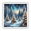 Frosted Pines - A Snowy Forest with Decorated Trees: Snow-covered fir and spruce trees adorned with lights, available as unique stickers or digital artwork from Decal Venue.