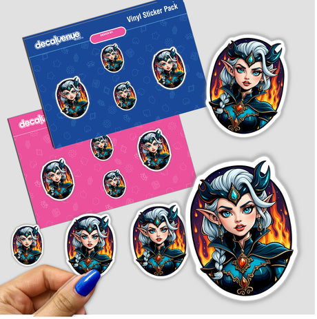 An Evil Queen Anime Girl sticker featuring a hand with blue nail polish, surrounded by cartoon characters. Available as stickers or digital artwork from Decal Venue.