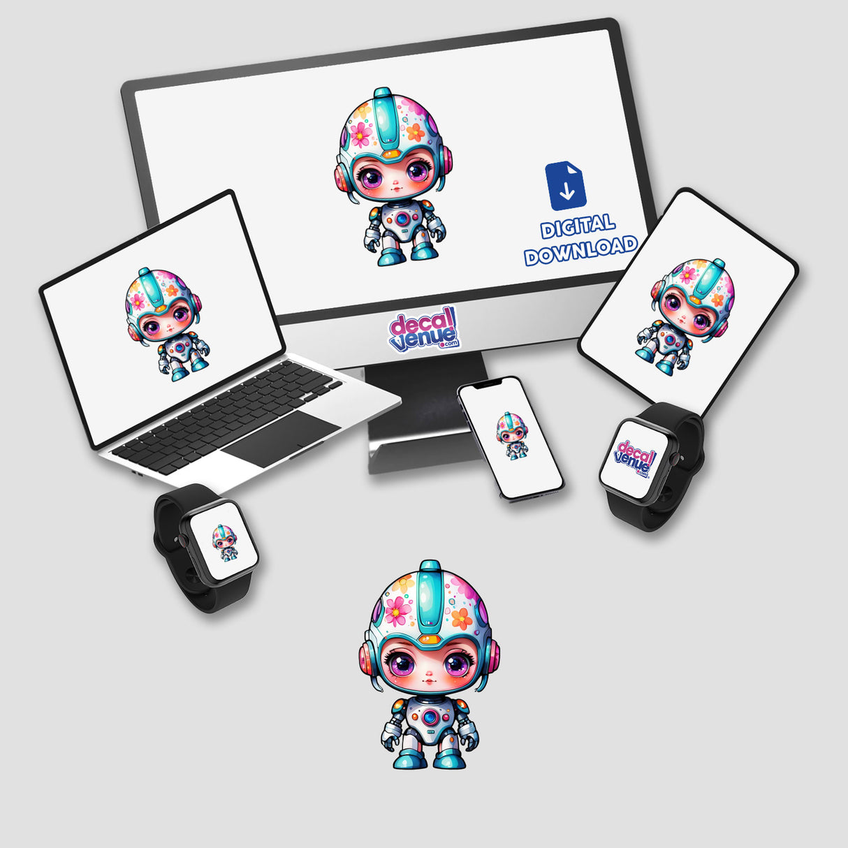 Kawaii Sci-Fi Robot Sticker displayed on various digital devices including a monitor, laptop, tablet, and smartwatch, featuring a cartoon robot character with pink and blue eyes and a helmet.