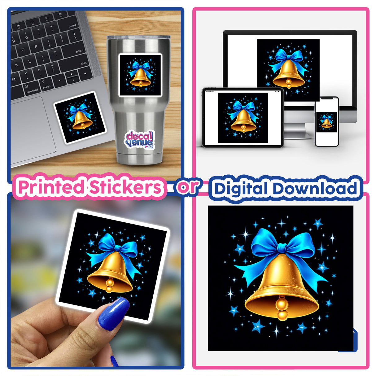 Gold Bell with Blue Ribbon and Sparkling Stars featured as a collage of stickers or digital artwork with laptops and gadgets, highlighting its festive and decorative charm.