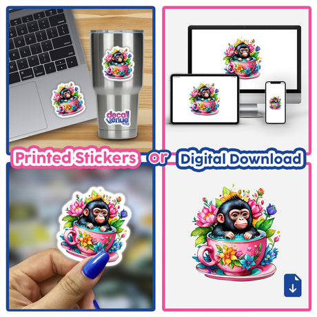 Gorilla Tea Cup: Cute Floral Splash Sticker on a laptop, featuring a cartoon monkey in a tea cup with flowers. Available as stickers or digital artwork.