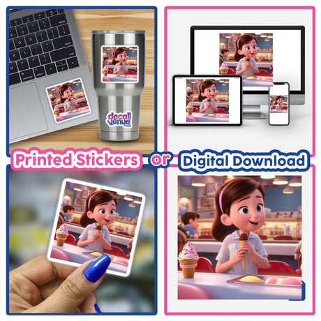Collage of Ice Cream Joy stickers featuring a girl and cartoon characters holding ice cream cones, alongside a laptop displaying her image. Available at Decal Venue.