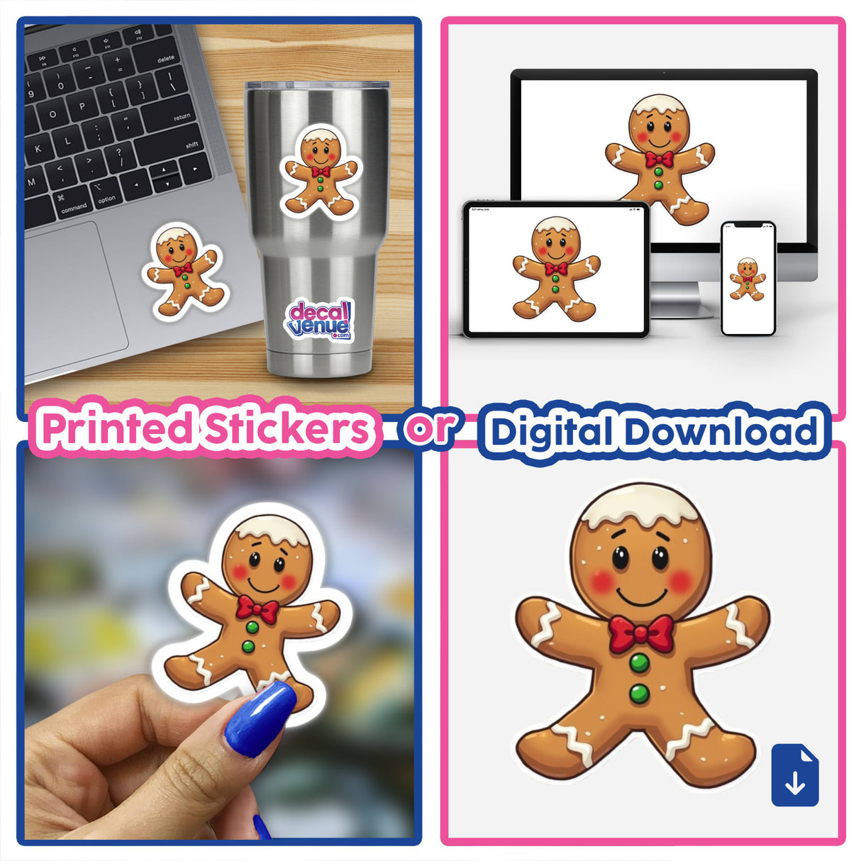 Gingerbread Man Envelope Seal Stickers – Sweet Holiday Decoration for Cards & Gifts shown in various uses, including on a laptop and a stainless steel cup, highlighting their versatility.