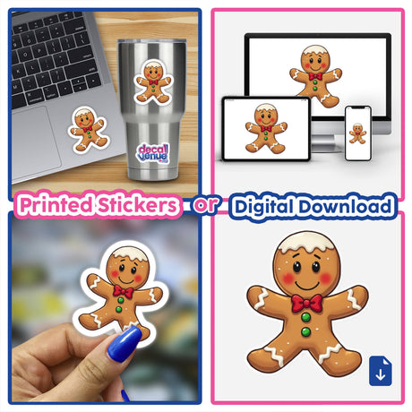 Gingerbread Man Envelope Seal Stickers – Sweet Holiday Decoration for Cards & Gifts shown in various uses, including on a laptop and a stainless steel cup, highlighting their versatility.