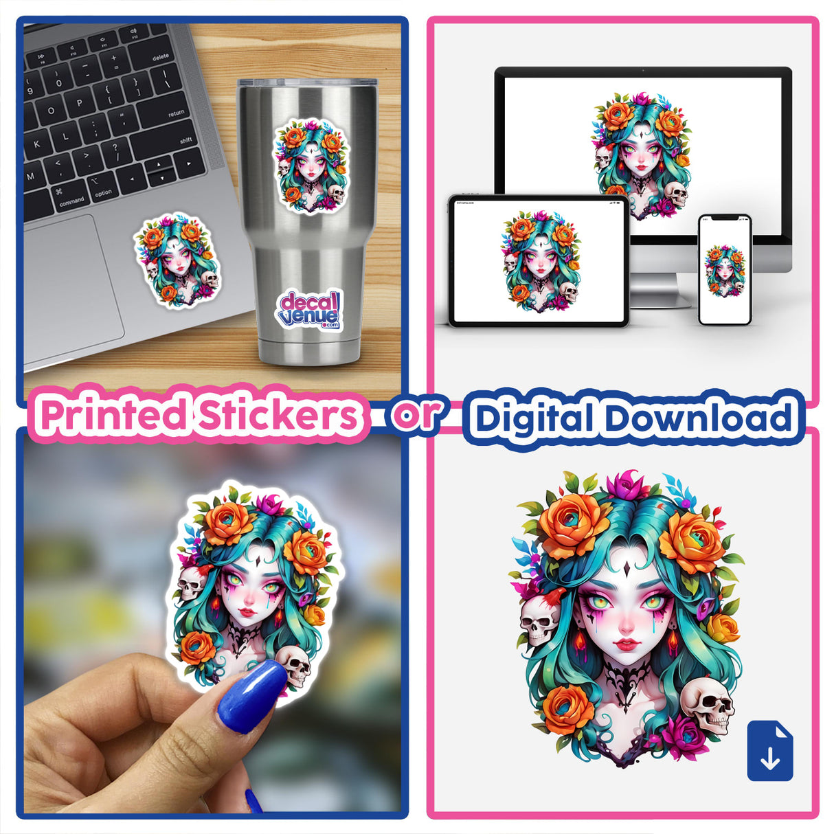 Cosmic Enchantress Halloween Skulls: Anime Portrait Sticker Design displayed on a laptop, featuring a cartoon girl with flowers and skulls. Available as stickers or digital artwork.