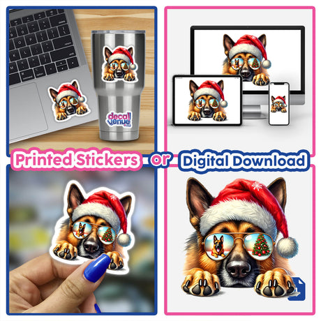 Resting Christmas Santa German Shepherd Dog depicted in a collage of stickers featuring the dog wearing a Santa hat and sunglasses, offered as unique digital artwork or decals.