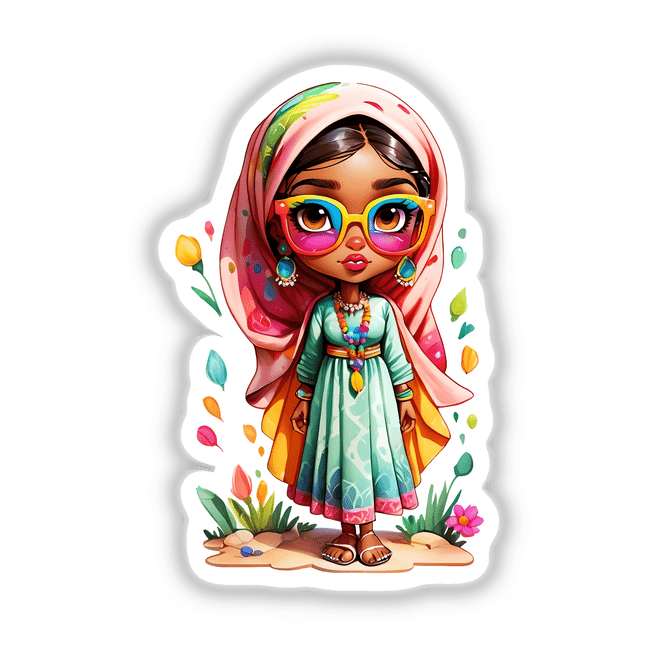 Fashionable Arabic Girl cartoon featuring glasses and a headscarf, available as stickers or digital artwork from Decal Venue.