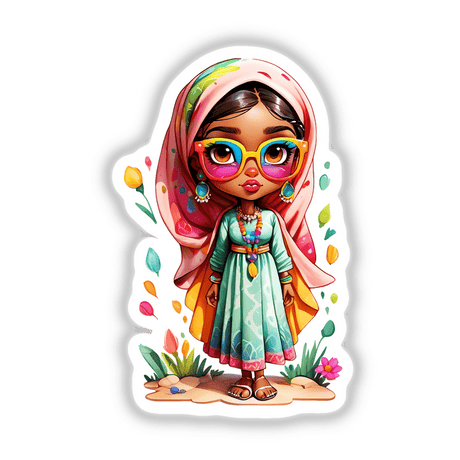 Fashionable Arabic Girl cartoon featuring glasses and a headscarf, available as stickers or digital artwork from Decal Venue.