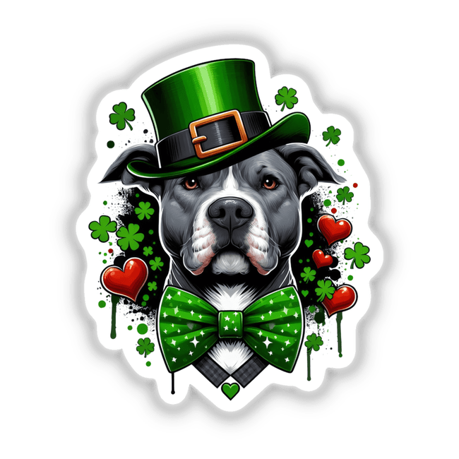 Irish Pitbull with Hearts and Clovers Splatter: A dog adorned with a green hat and bow tie, featuring clover accents, available as stickers or digital artwork from Decal Venue.