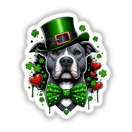 Irish Pitbull with Hearts and Clovers Splatter: A dog adorned with a green hat and bow tie, featuring clover accents, available as stickers or digital artwork from Decal Venue.