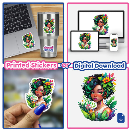 Afro Green Plant Portrait Sticker Design: Vibrant Botanical Art featuring a woman with colorful hair and flowers, shown on a laptop and as various stickers.