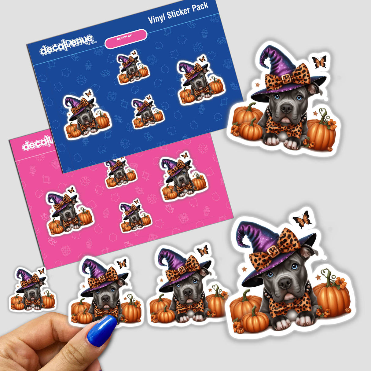 Resting Halloween Pitbull Witch w/Pumpkins sticker pack showing a cartoon dog in a hat and bow tie surrounded by pumpkins. Available as stickers or digital artwork.