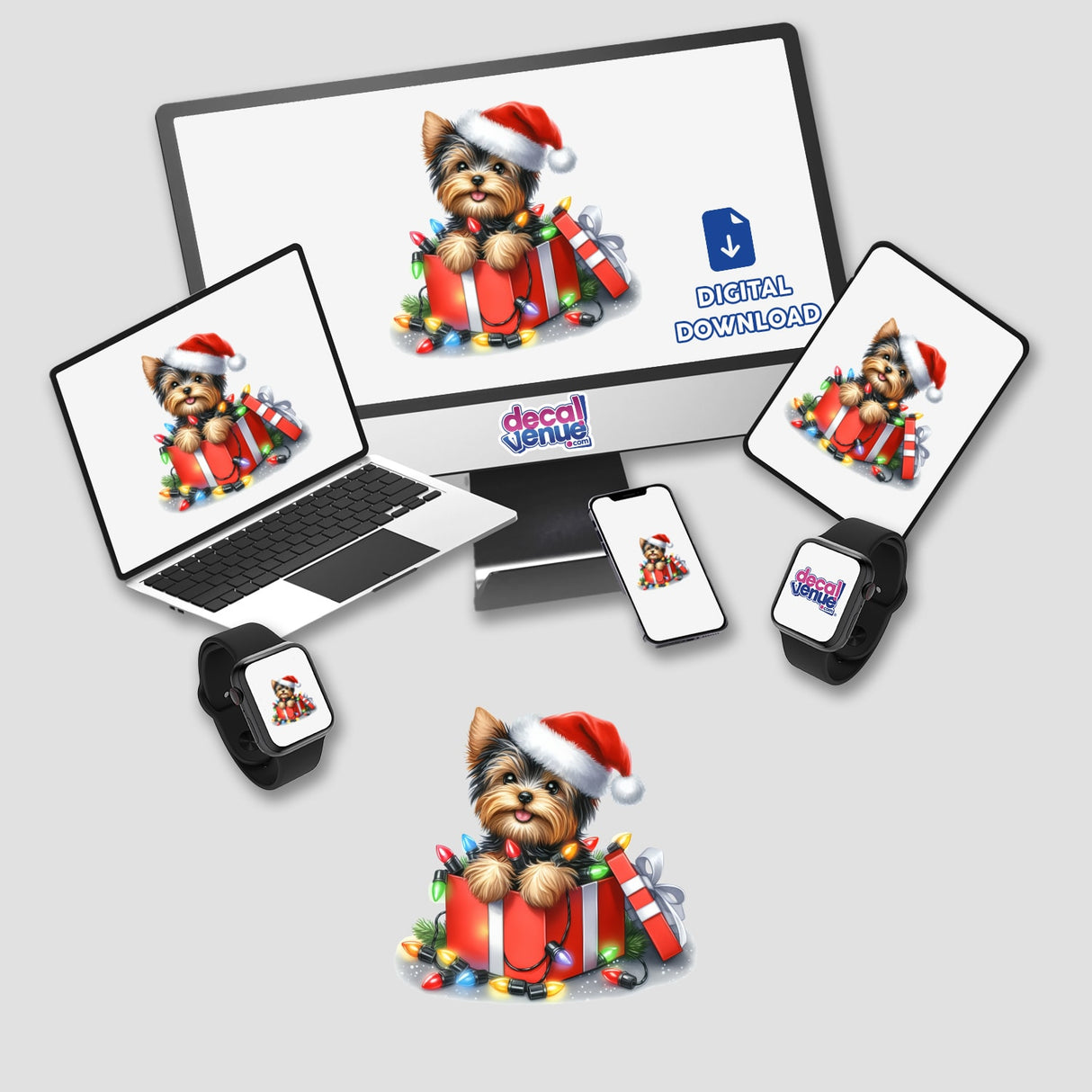 Christmas Lights Santa Yorkie Dog in Gift Box depicted on computer monitor and laptop screens, available as stickers or digital artwork from Decal Venue.