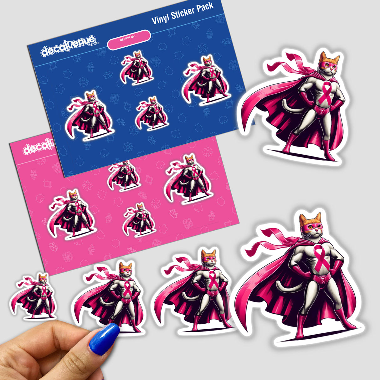 Superhero Cat Pink Ribbon Breast Cancer sticker featuring a cartoon cat in a cape and mask, symbolizing breast cancer awareness.