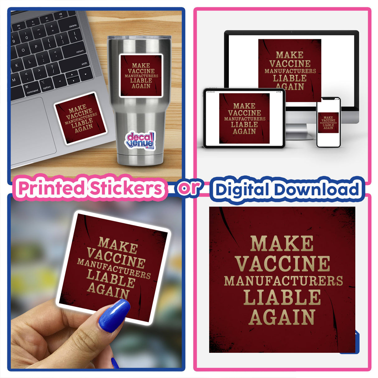 Collage featuring Make Vaccine Manufacturers Liable Again sticker or clipart on a laptop, showcasing a bold political statement, available as a sticker or digital artwork with commercial rights.