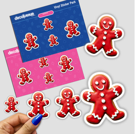 Hand holding a sticker pack featuring Gingerbread Man with Red Icing Festive Christmas Cookie designs.