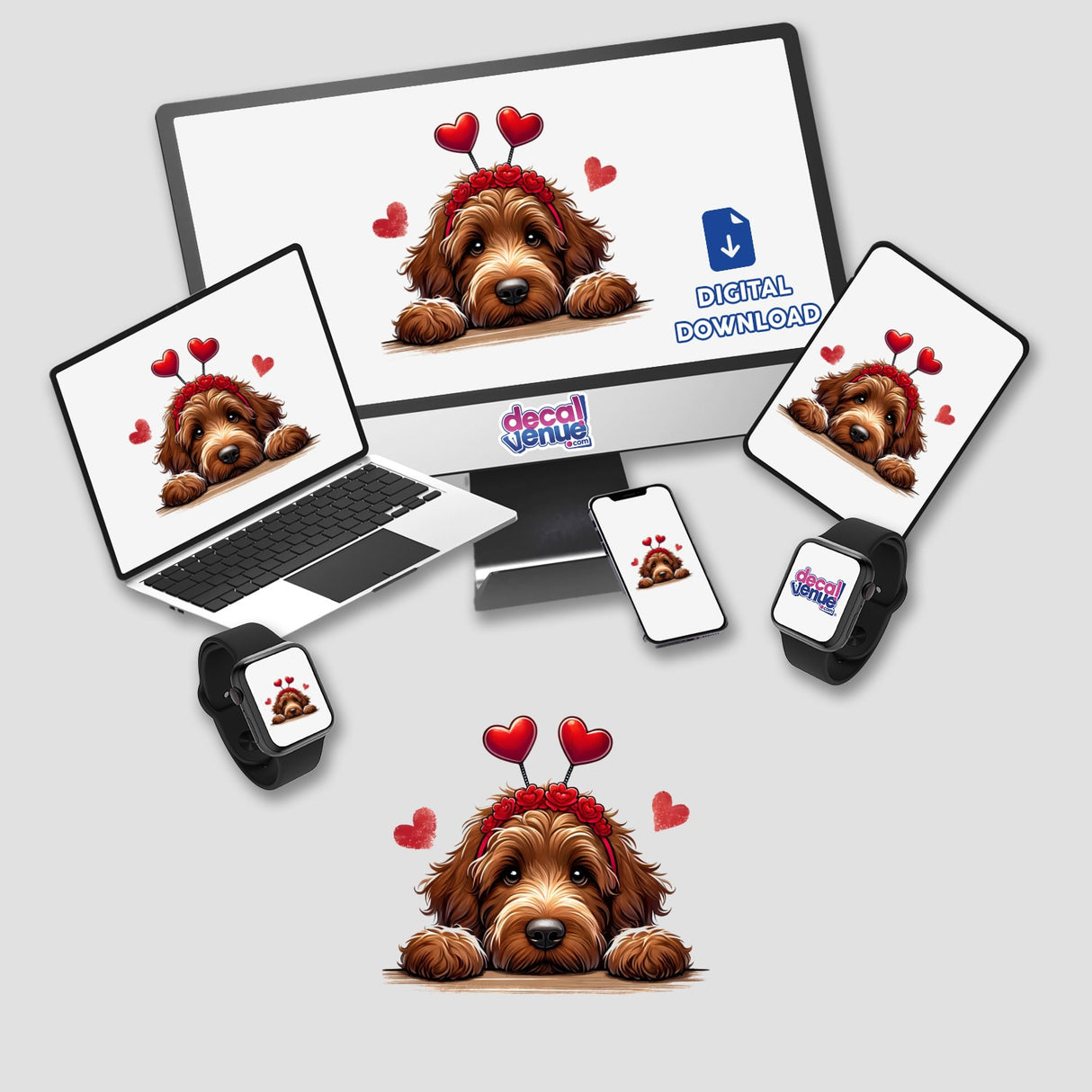 Peeking Brown Valentine Goldendoodle Dog displayed on computer monitor and laptop, adorned with a flower crown, available as stickers or digital artwork from Decal Venue.