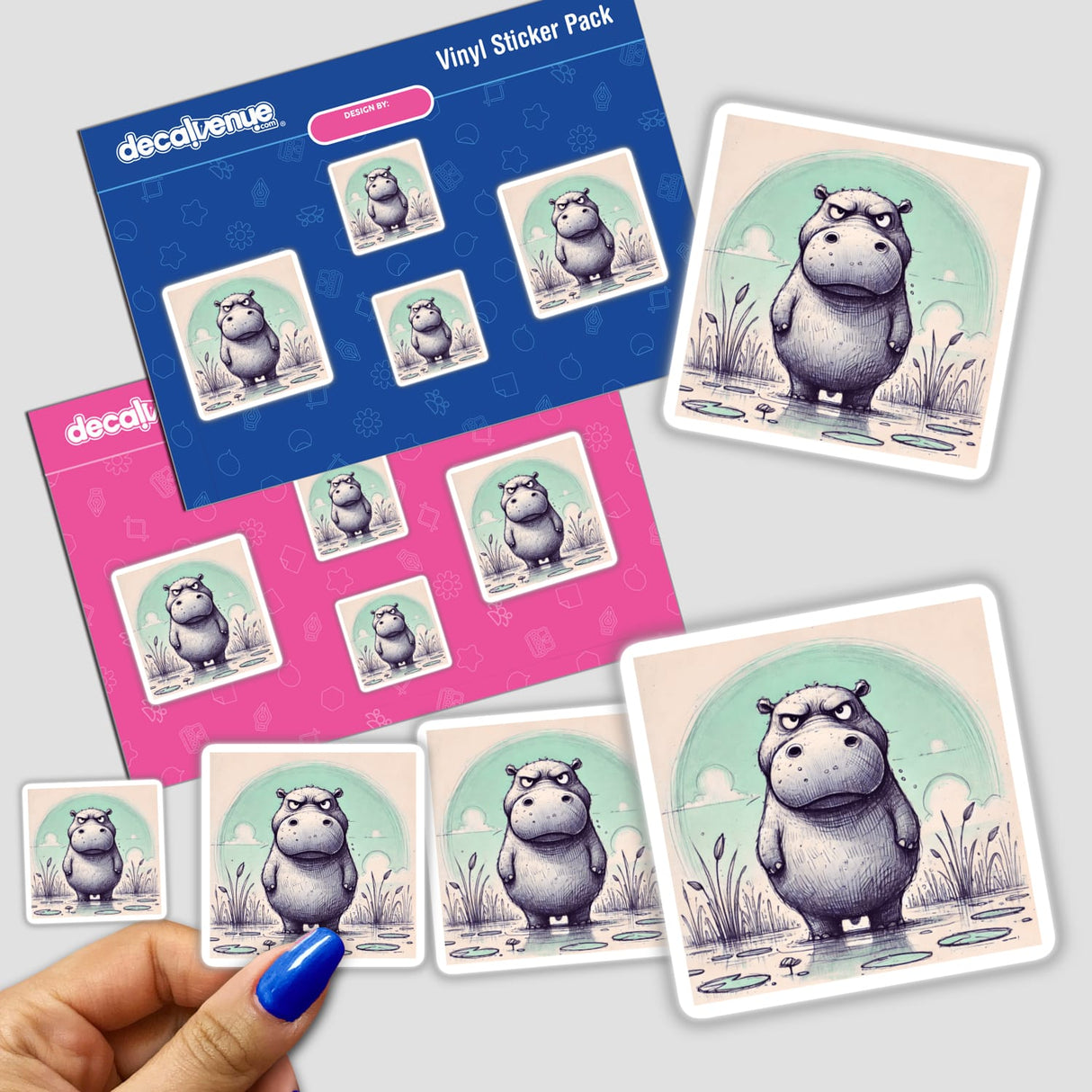 Hand holding a sticker pack titled Frowning Hippo in a Pond, featuring various cartoon hippos with sad expressions.