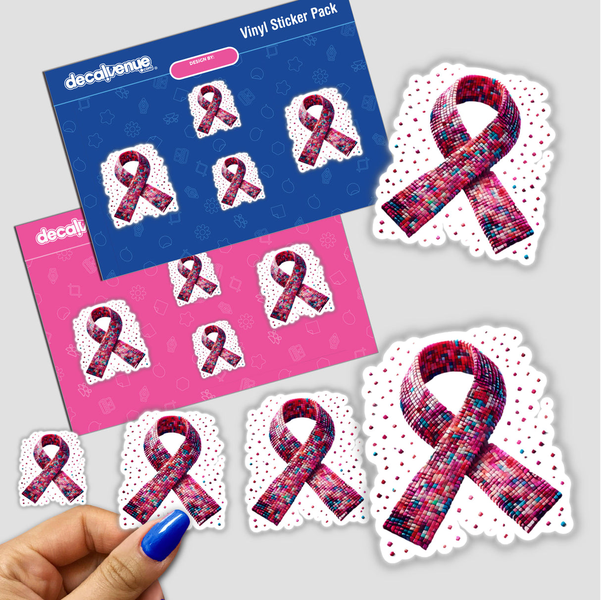 Pink Ribbon and Mosaic Breast Cancer Awareness stickers, featuring a hand holding a sticker, showcasing intricate pink ribbon designs made from small squares. Available as Stickers or Digital Artwork.