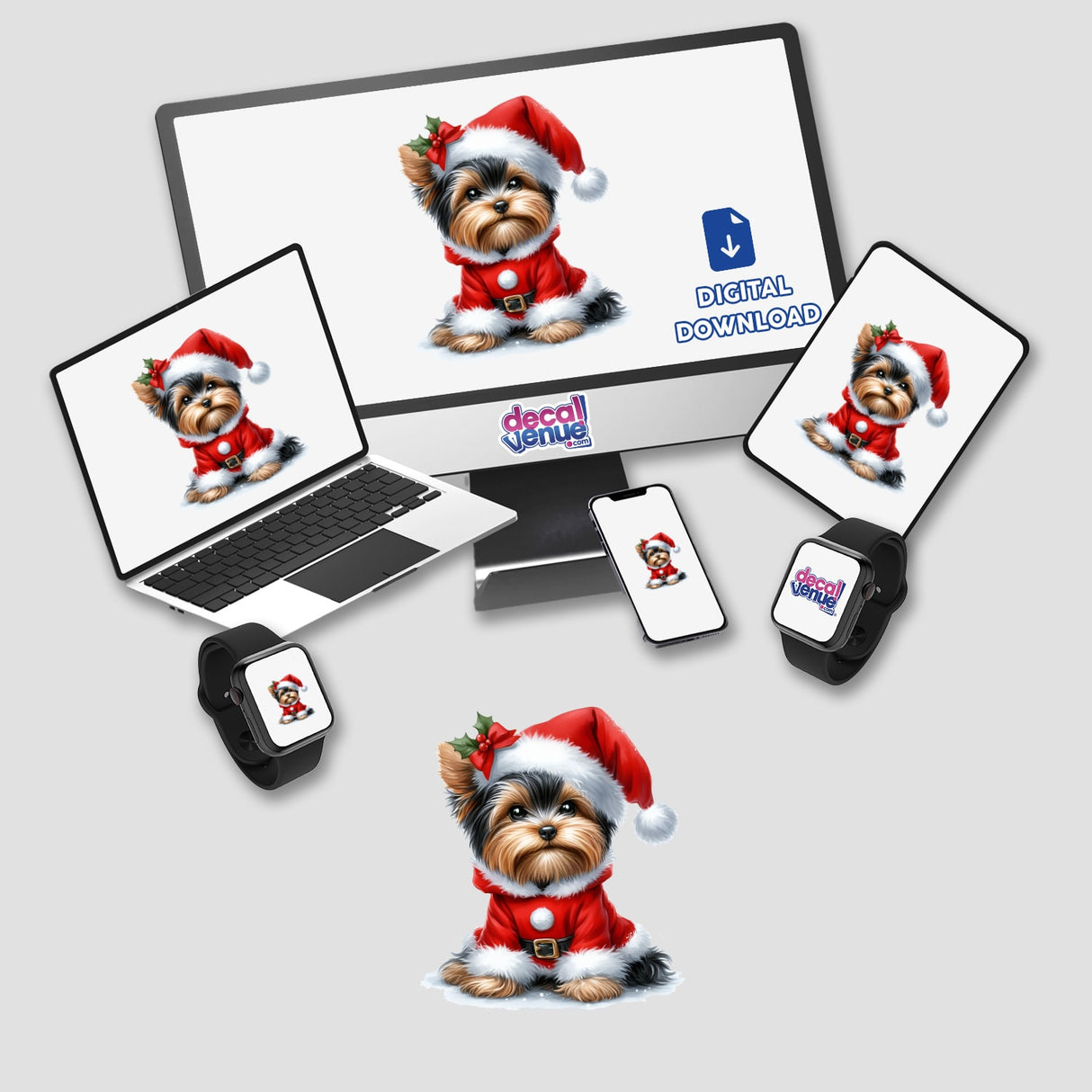 Christmas Yorkie Dog in Santa Outfit displayed on a computer monitor and laptop, available as stickers or digital artwork, capturing the festive charm of a toy-like cartoon dog.