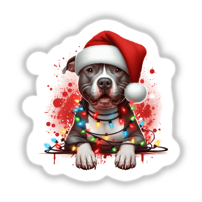 Sitting Pretty Pitbull Dog Tangled in Christmas Lights