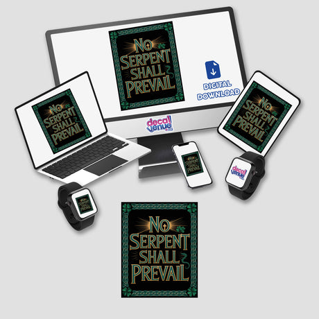 No Serpent Shall Prevail - Christian St. Patrick’s Day Sticker or Clipart featuring a black and gold design, displayed on a computer monitor, laptop, and phone, available for commercial use.