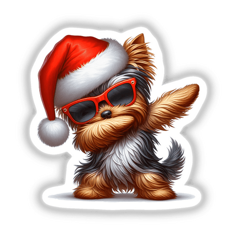 Dabbing Christmas Santa Yorkie Dog II: A dog wearing sunglasses and a Santa hat, depicted in a playful dabbing pose. Available as stickers or digital artwork.